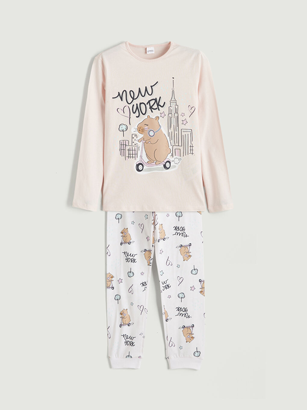 Pembe Bisiklet Yaka New York Baskılı Kız Çocuk Pijama Takım