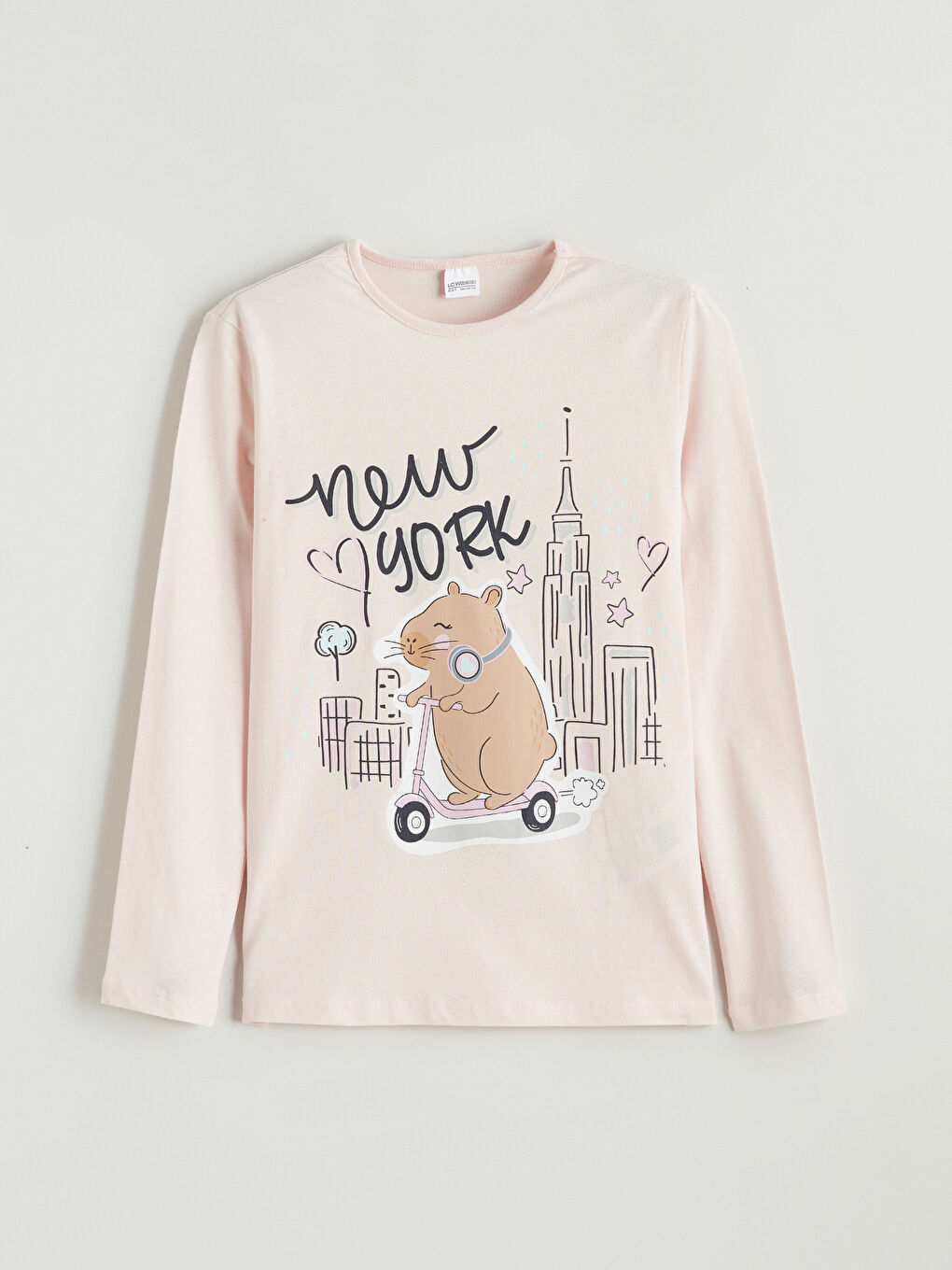 Pembe Bisiklet Yaka New York Baskılı Kız Çocuk Pijama Takım-1
