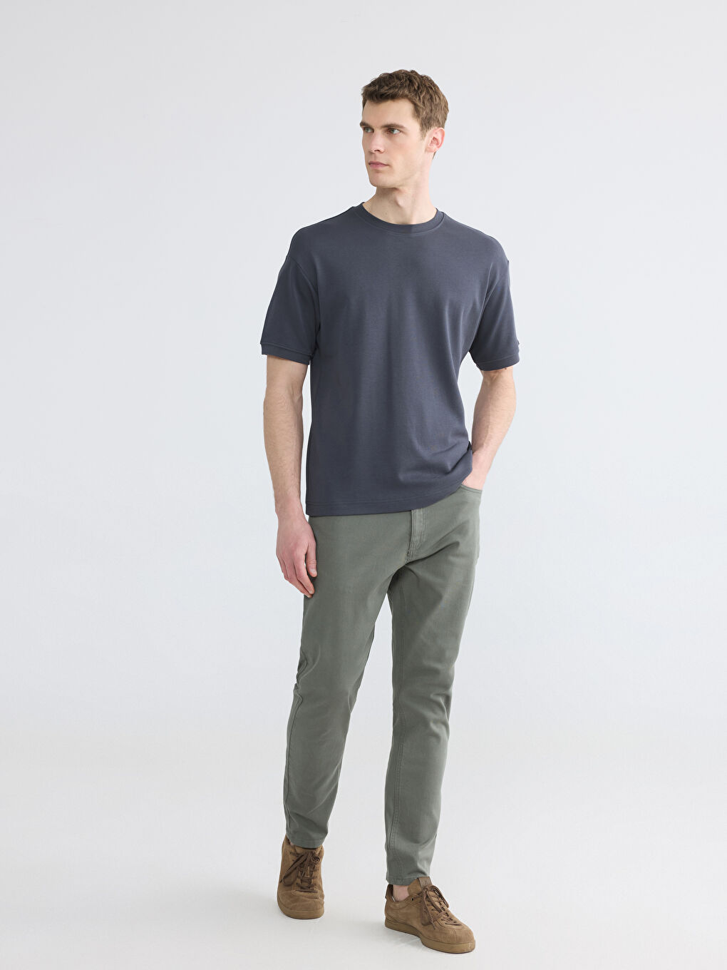 Gri Bisiklet Yaka Kısa Kollu Erkek Pijama Üst-1