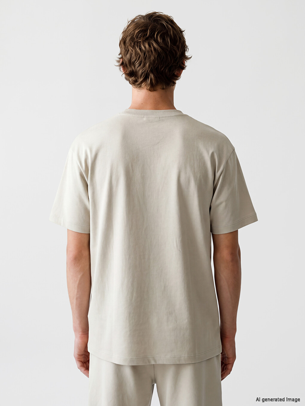 Bej Bisiklet Yaka Kısa Kollu Erkek Pijama Üst-3