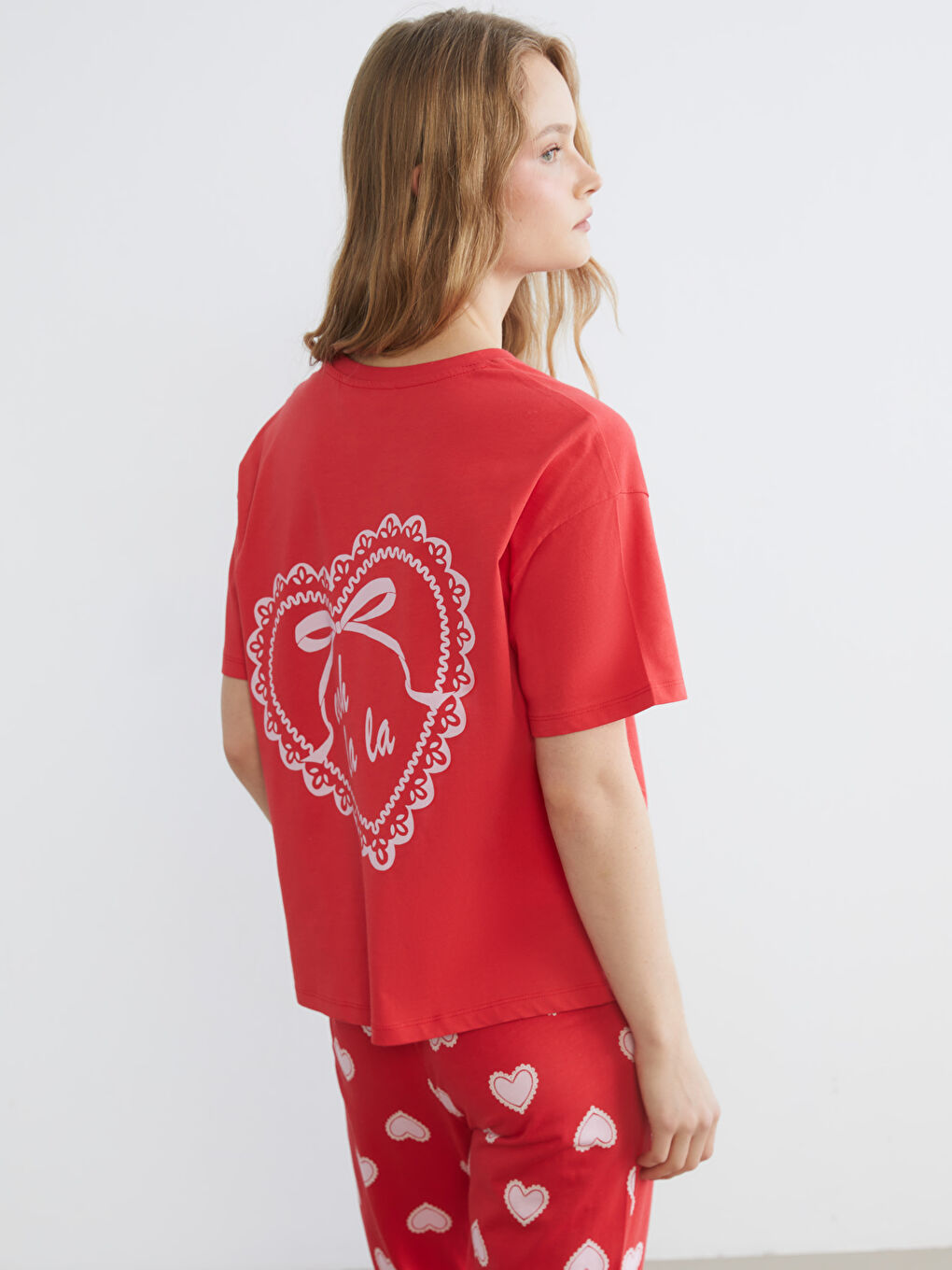 Kırmızı Bisiklet Yaka Baskılı Kadın Pijama Takımı