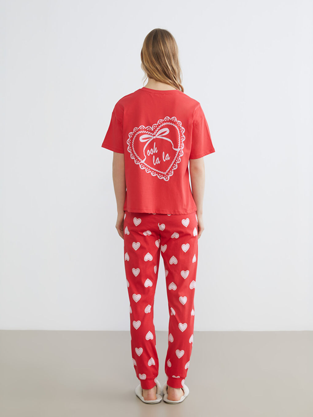 Kırmızı Bisiklet Yaka Baskılı Kadın Pijama Takımı-3