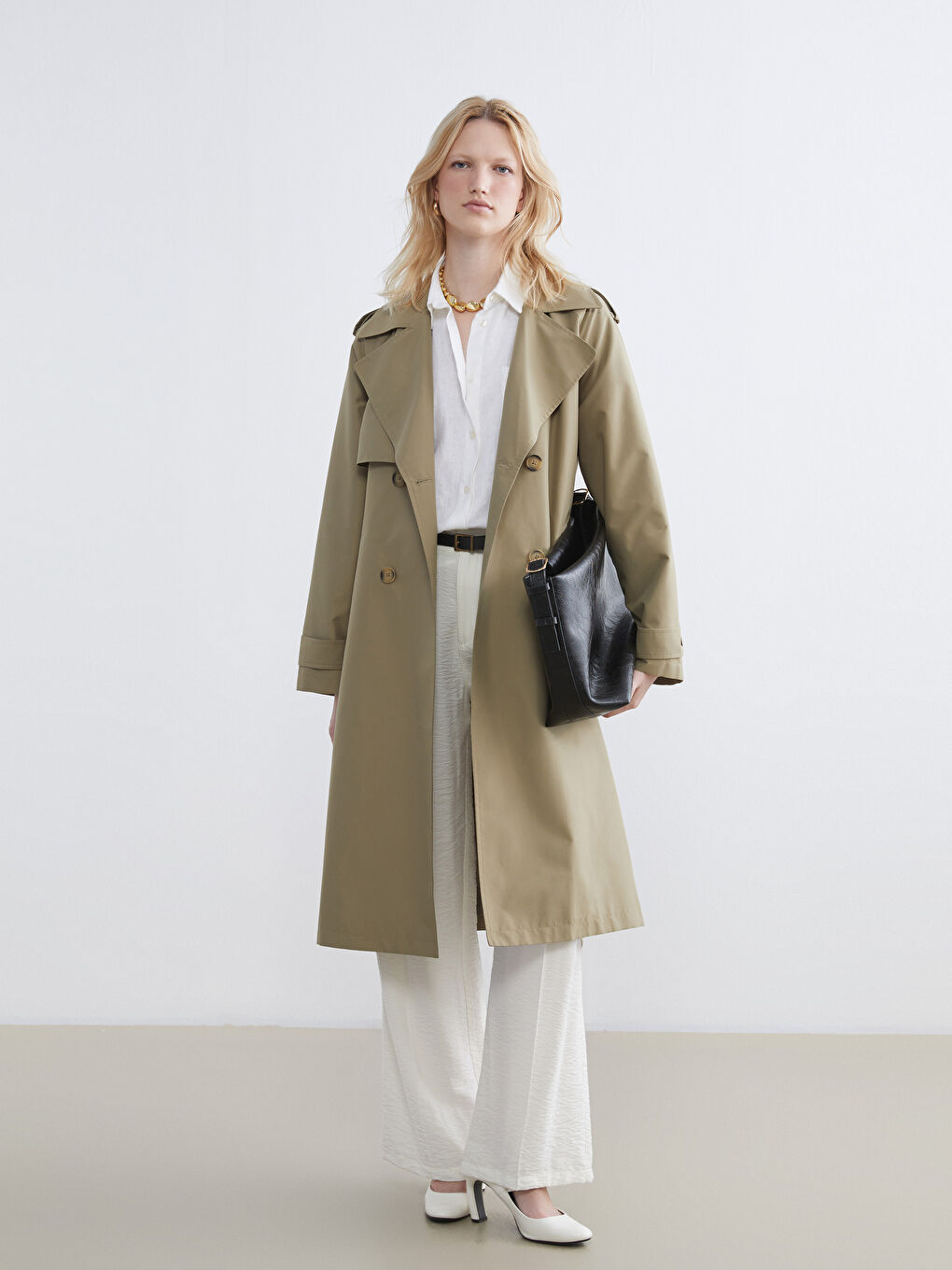 Yeşil Kruvaze Yaka Kadın Trençkot