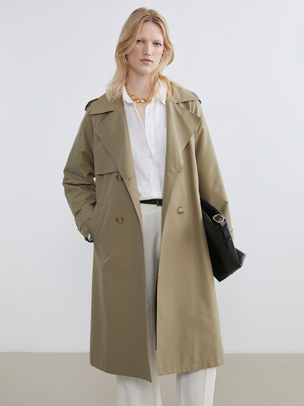 Yeşil Kruvaze Yaka Kadın Trençkot-1