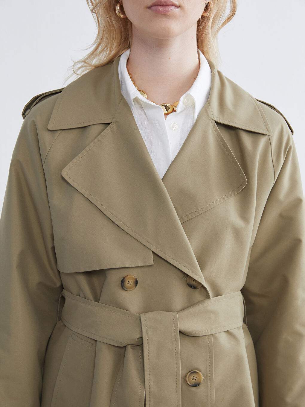 Yeşil Kruvaze Yaka Kadın Trençkot-2