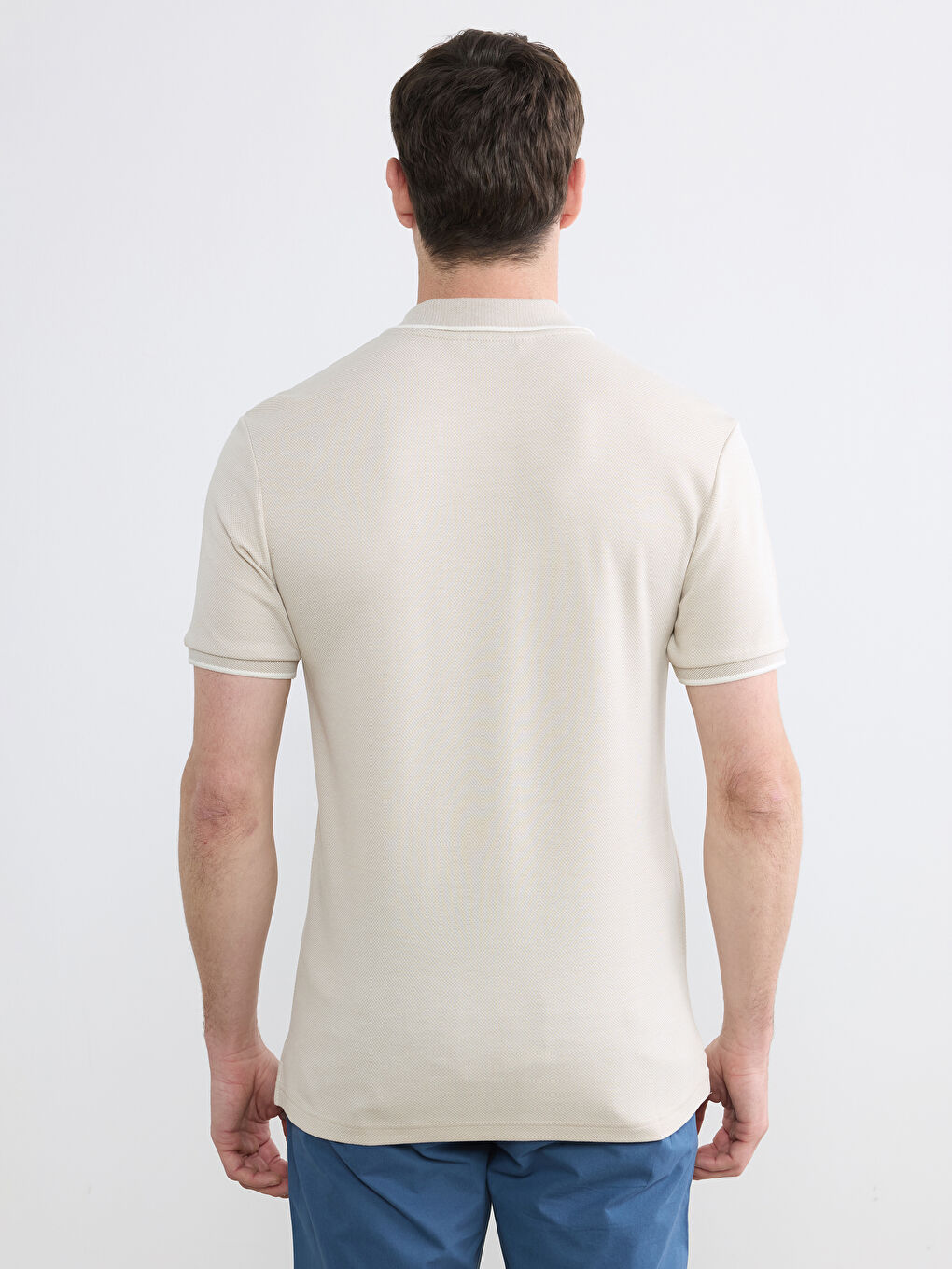 Bej Polo Yaka Erkek Dokulu Tişört-4