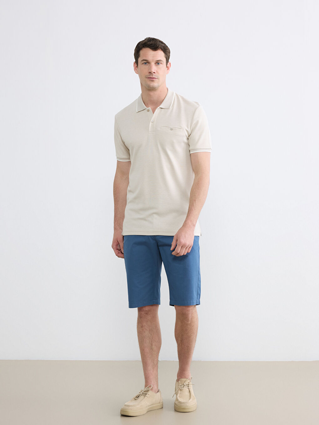 Bej Polo Yaka Erkek Dokulu Tişört-1