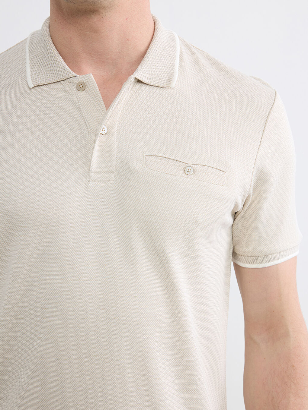 Bej Polo Yaka Erkek Dokulu Tişört-3