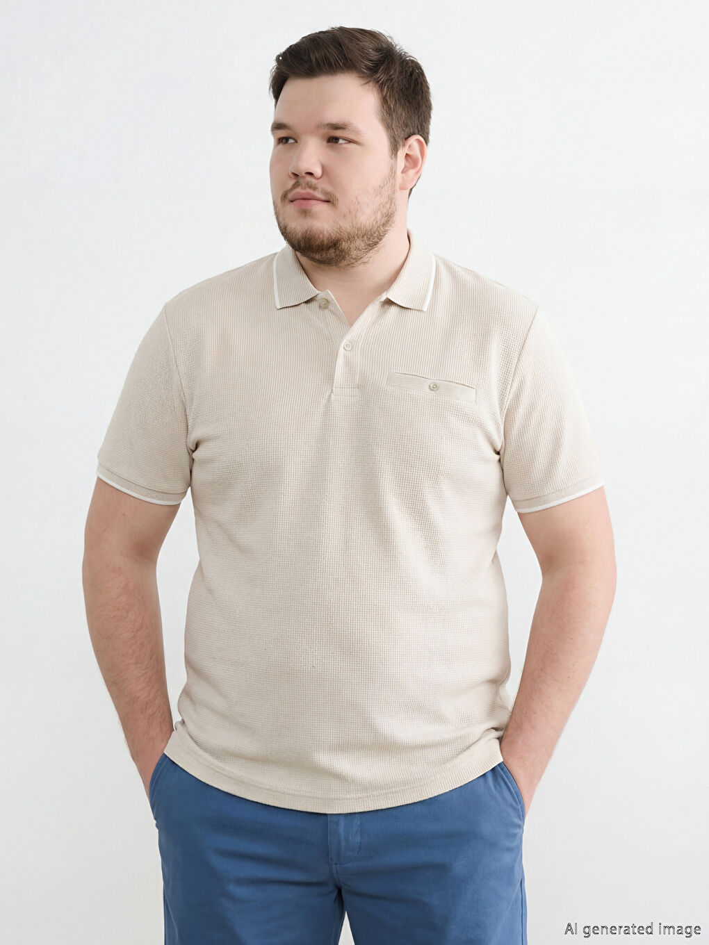 Bej Polo Yaka Erkek Dokulu Tişört-1