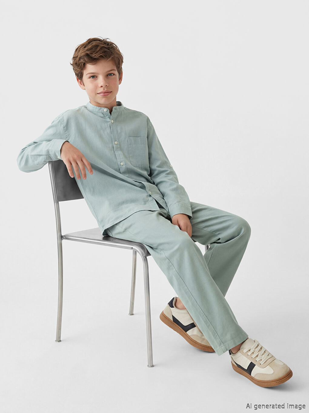 Yeşil Keten Karışımlı Pileli Erkek Çocuk Pantolon