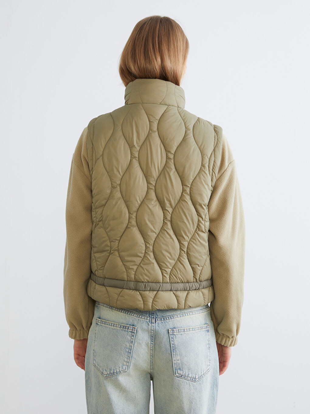 Haki Dik Yaka Kapitone Oversize Kadın Şişme Yelek-3