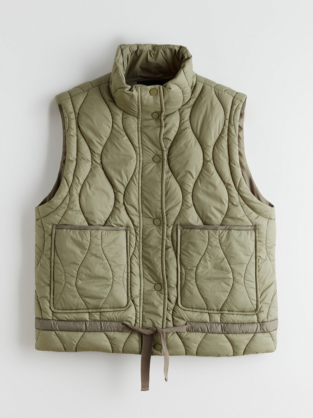 Haki Dik Yaka Kapitone Oversize Kadın Şişme Yelek-4