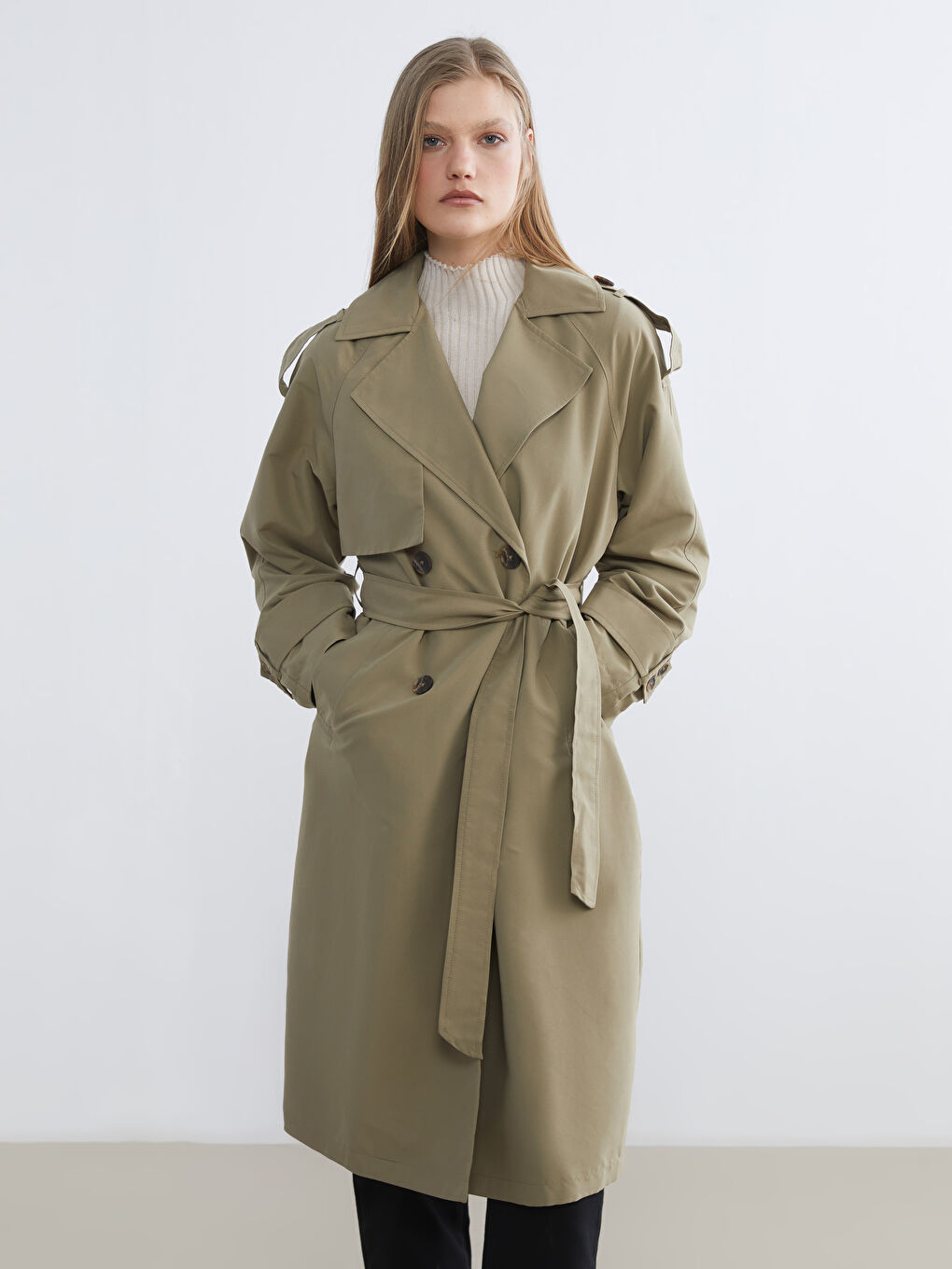 Haki Kruvaze Yaka Kadın Trençkot