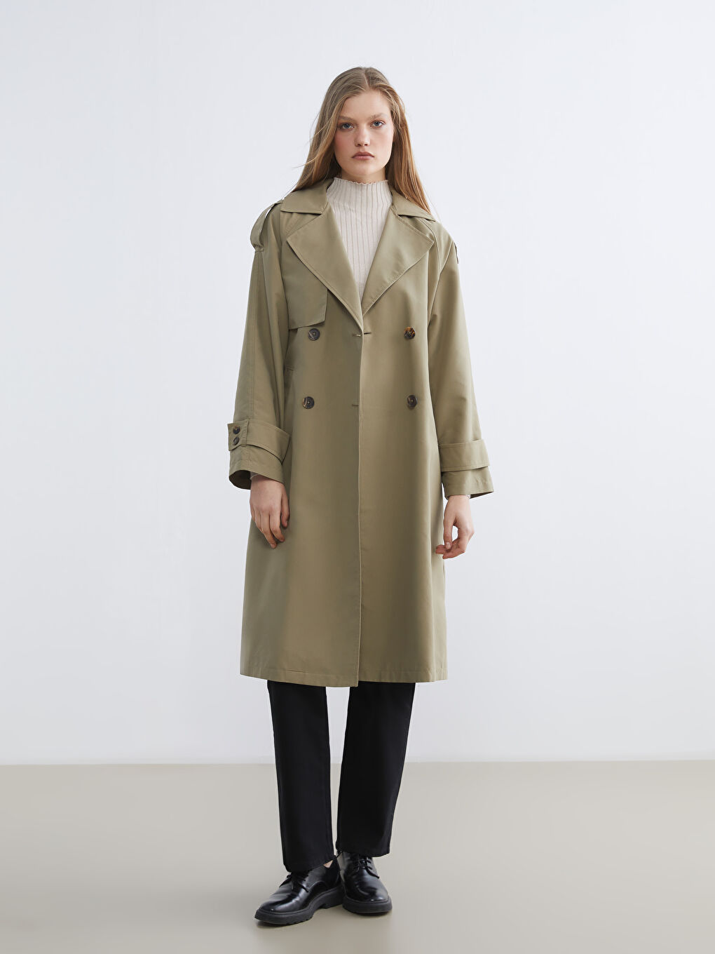 Haki Kruvaze Yaka Kadın Trençkot-1