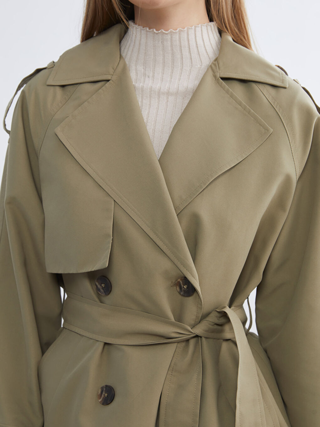 Haki Kruvaze Yaka Kadın Trençkot-2