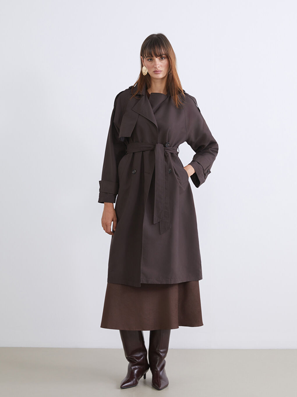 Kahverengi Kruvaze Yaka Kadın Trençkot