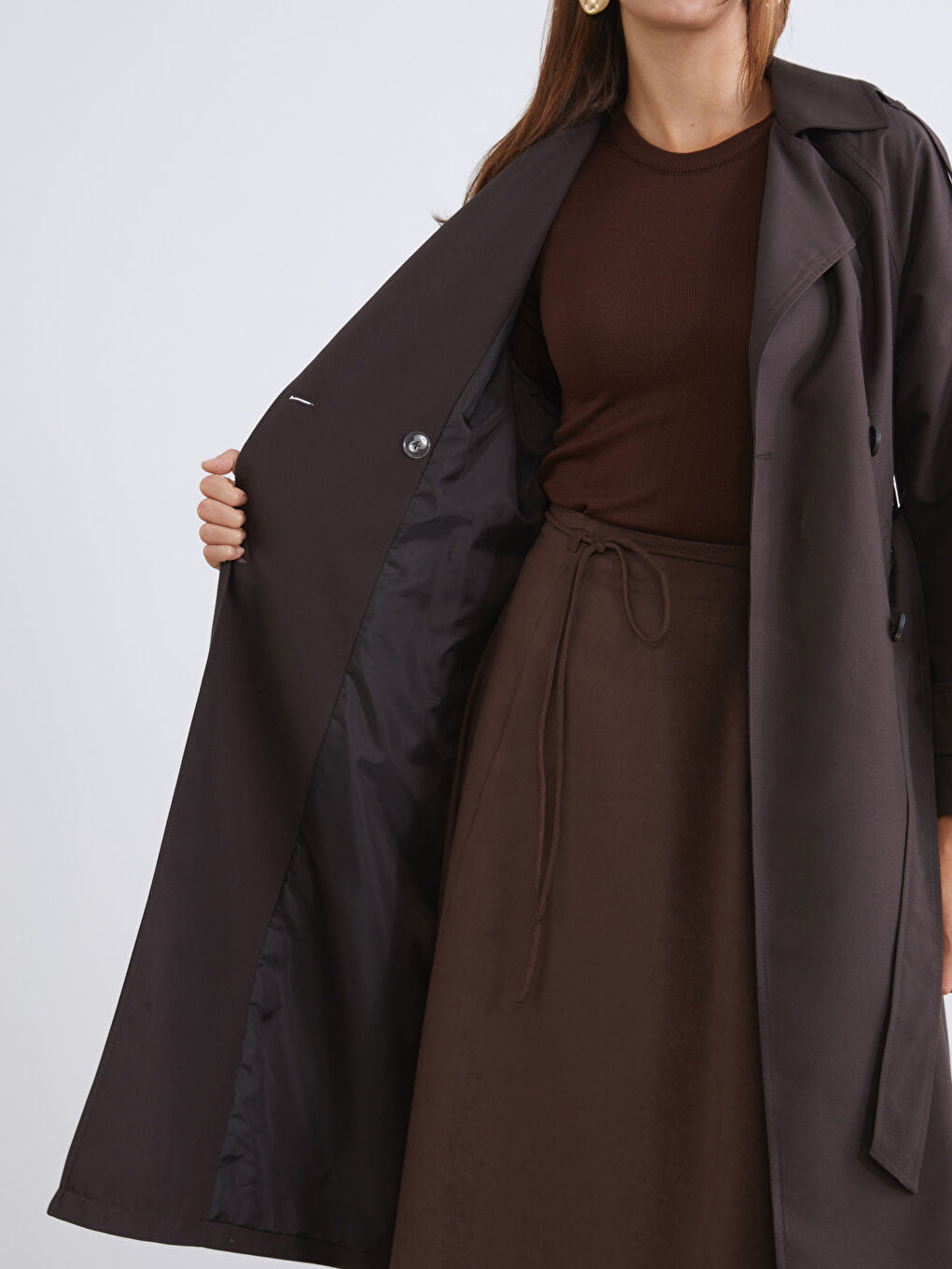 Kahverengi Kruvaze Yaka Kadın Trençkot-3