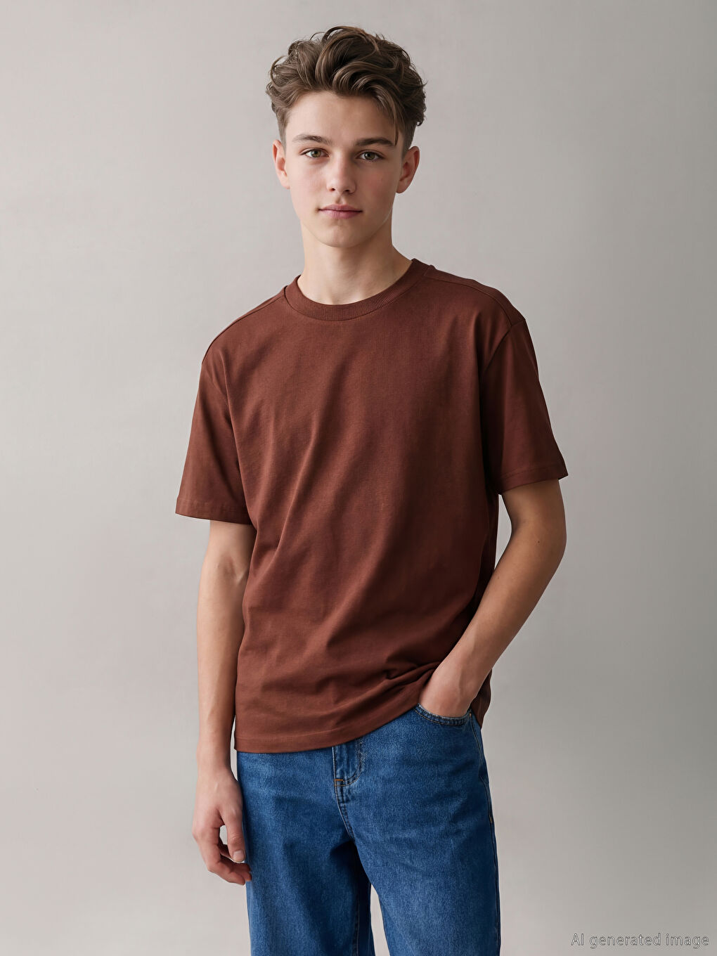 Kahverengi Bisiklet Yaka Erkek Çocuk Tişört