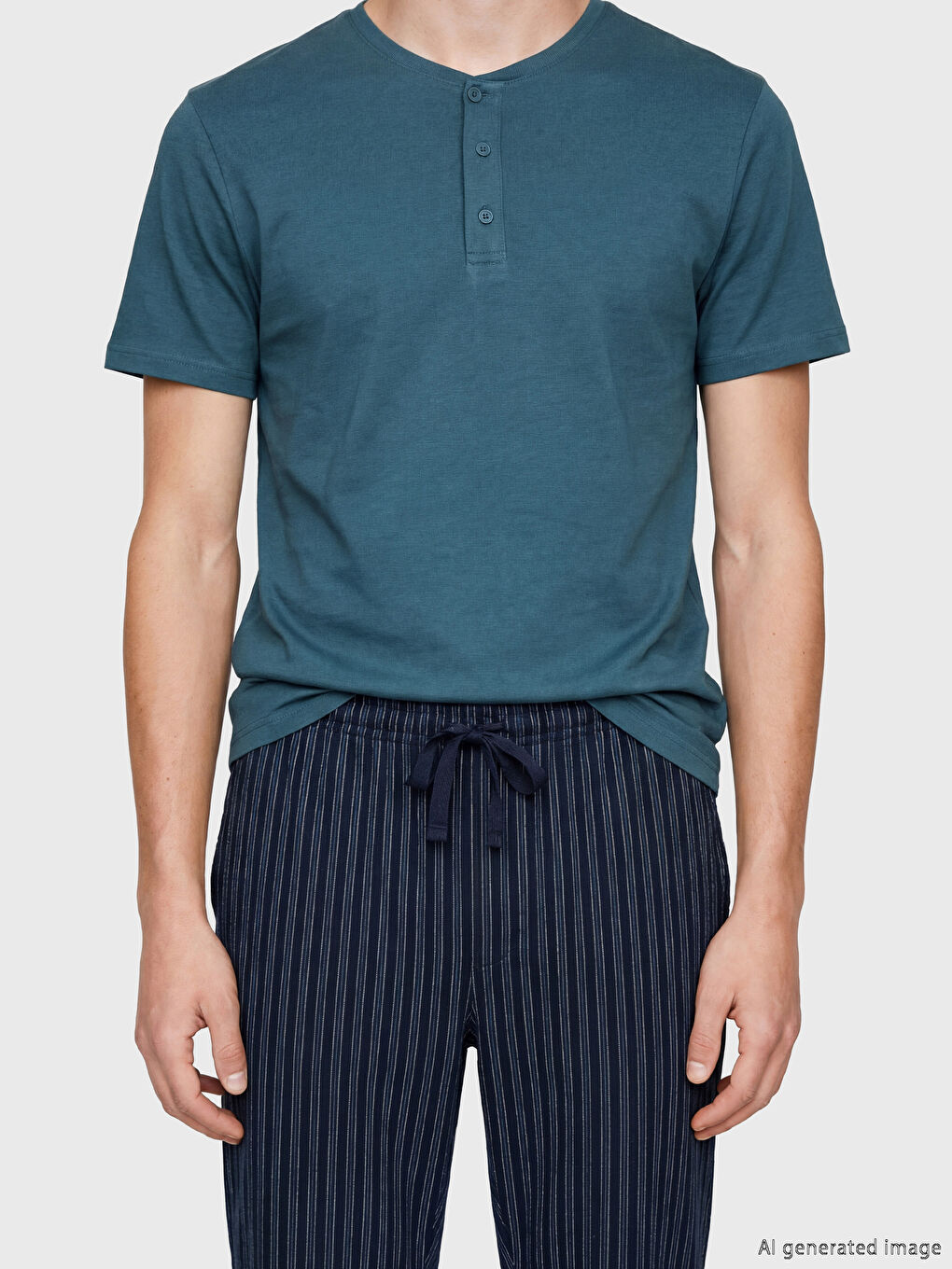 Petrol Bisiklet Yaka Erkek Pijama Üstü-2