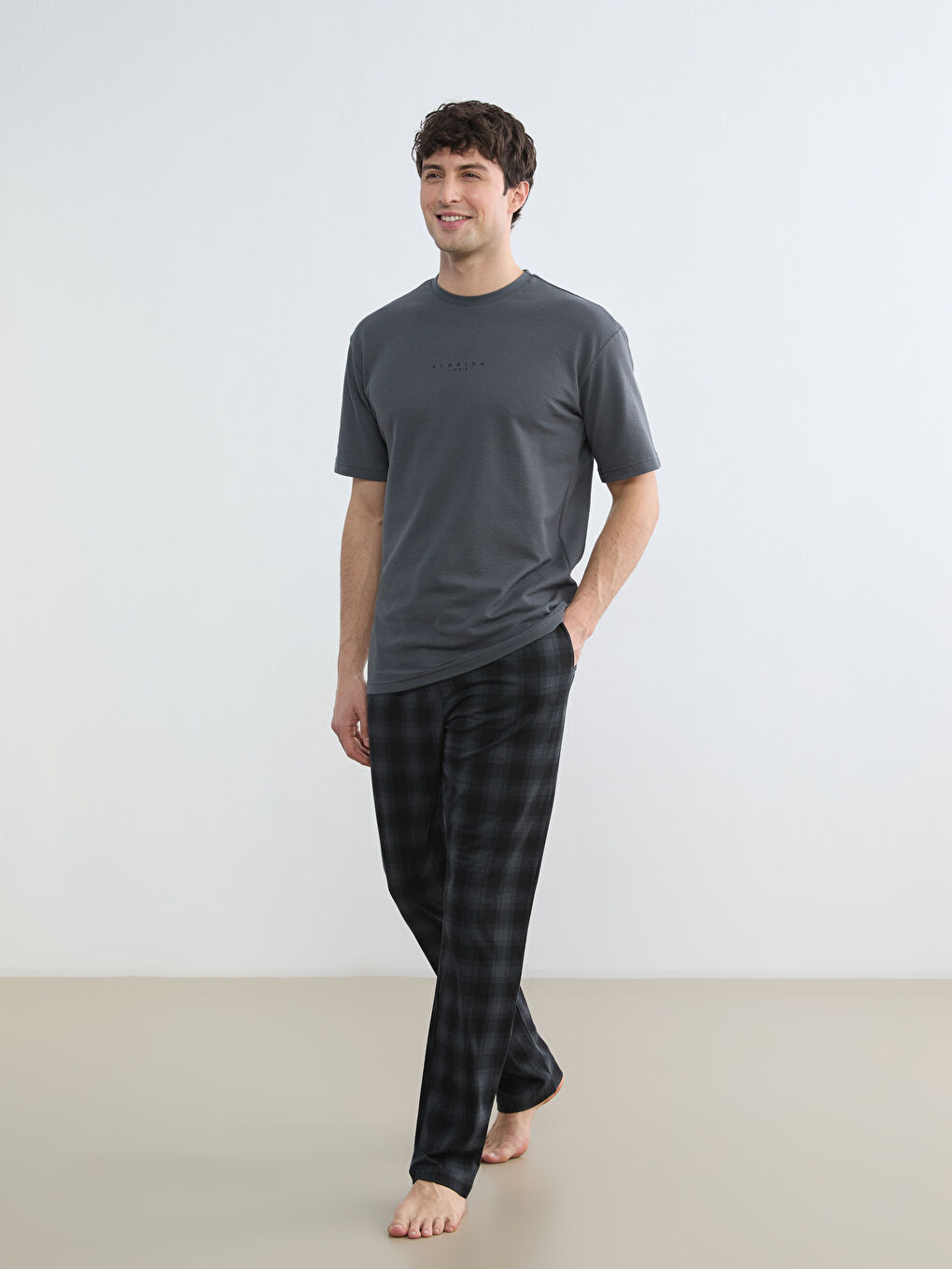 Gri Standart Kalıp Ekose Erkek Pijama Alt