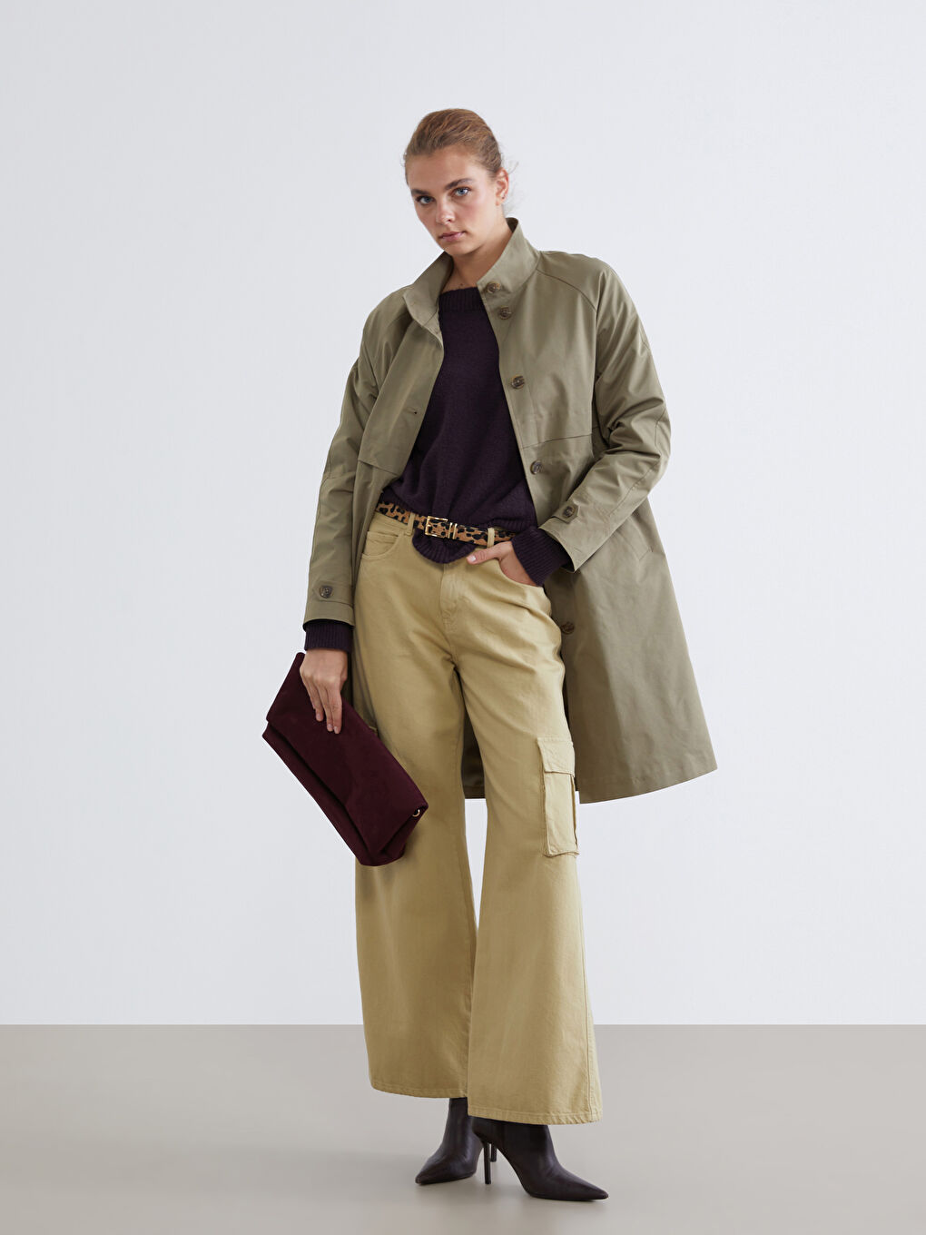Haki Dik Yaka Kadın Trençkot
