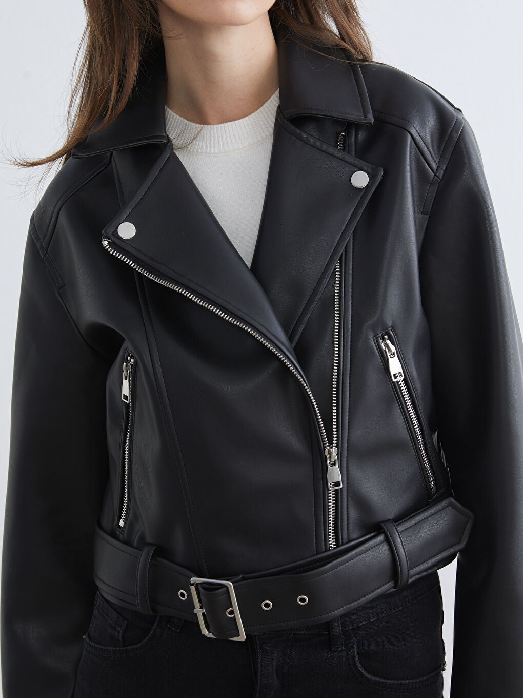 Siyah Gömlek Yaka Kadın Deri Görünümlü Ceket-2