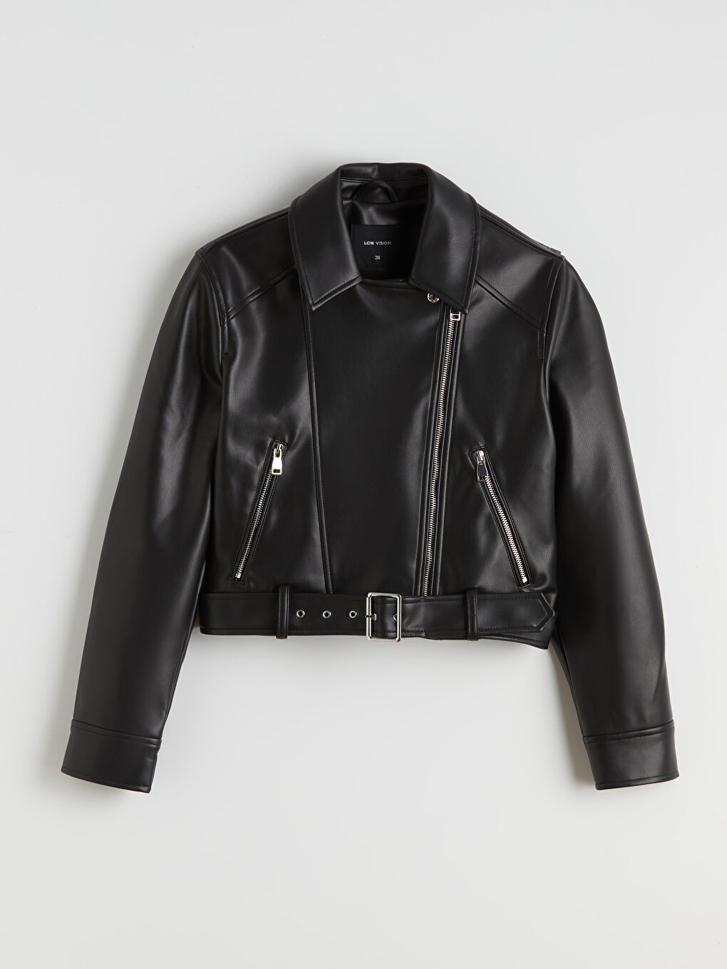 Siyah Gömlek Yaka Kadın Deri Görünümlü Ceket-5