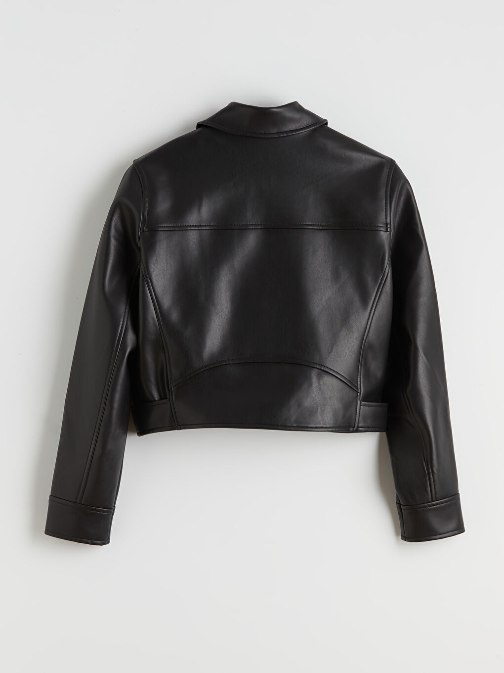 Siyah Gömlek Yaka Kadın Deri Görünümlü Ceket-6