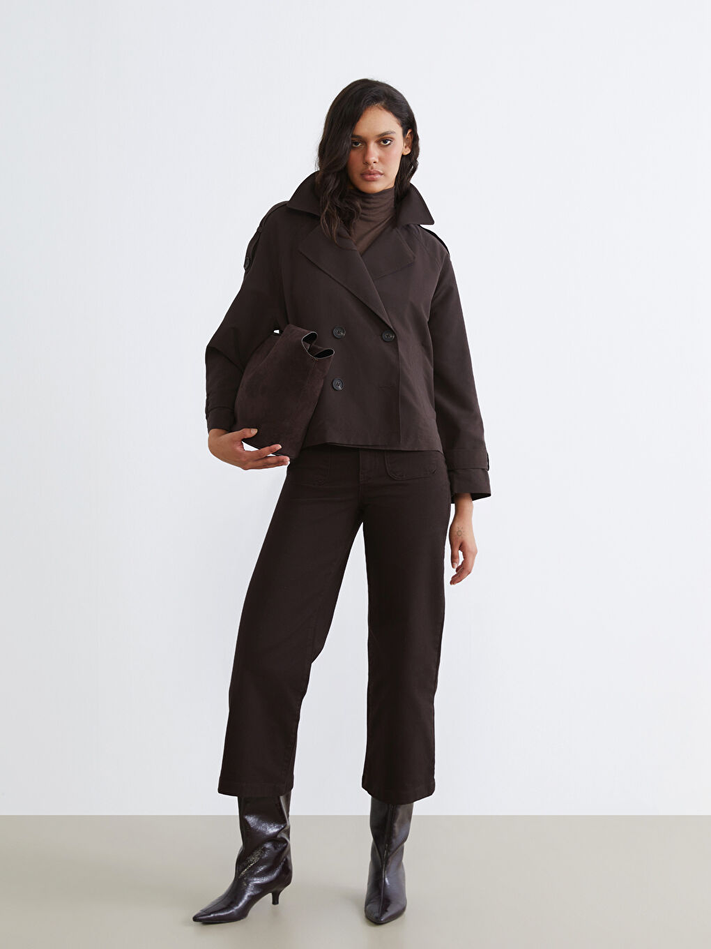 Kahverengi Kruvaze Yaka Oversize Kadın Trençkot	-1