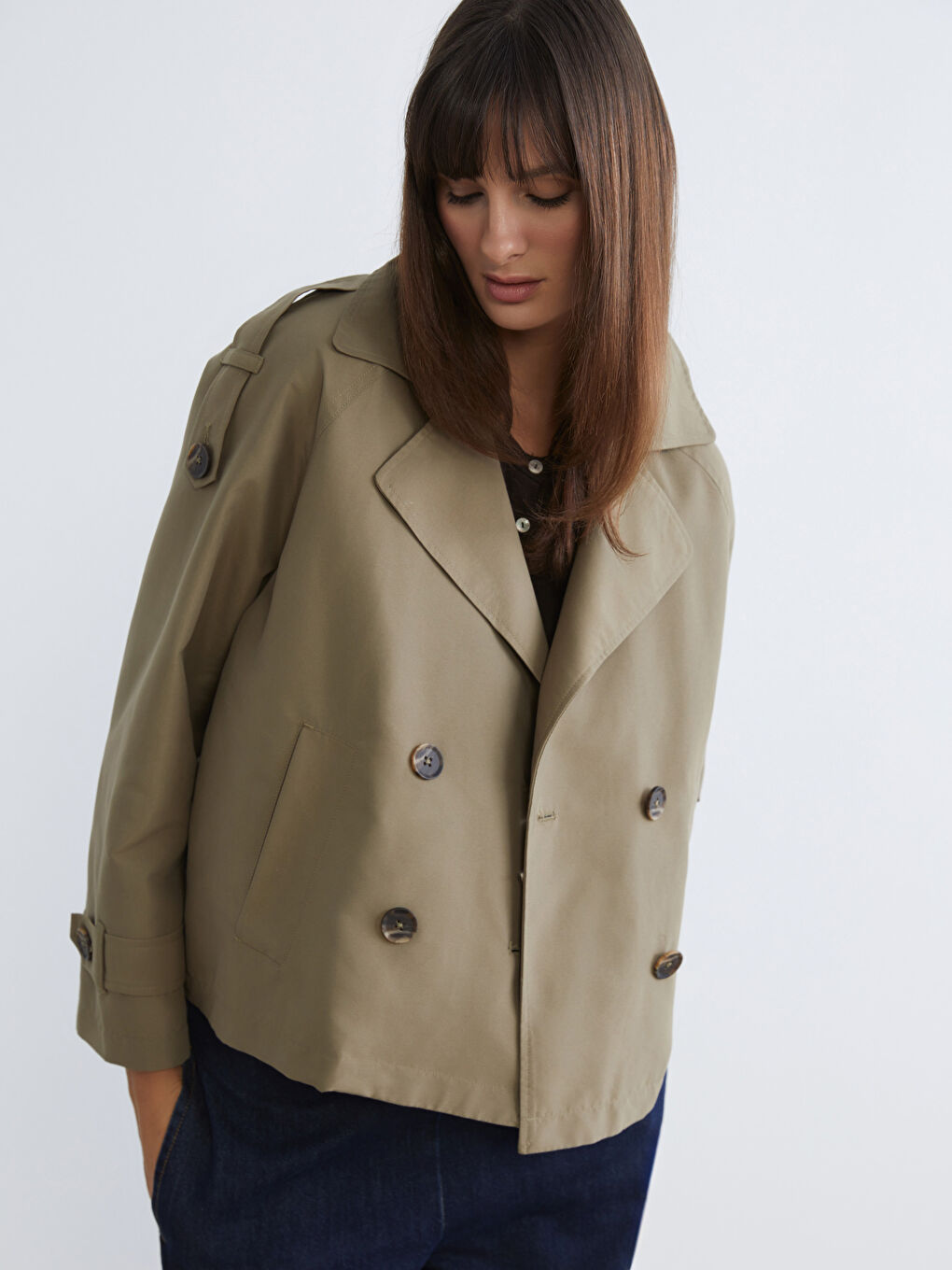 Haki Kruvaze Yaka Oversize Kadın Trençkot	