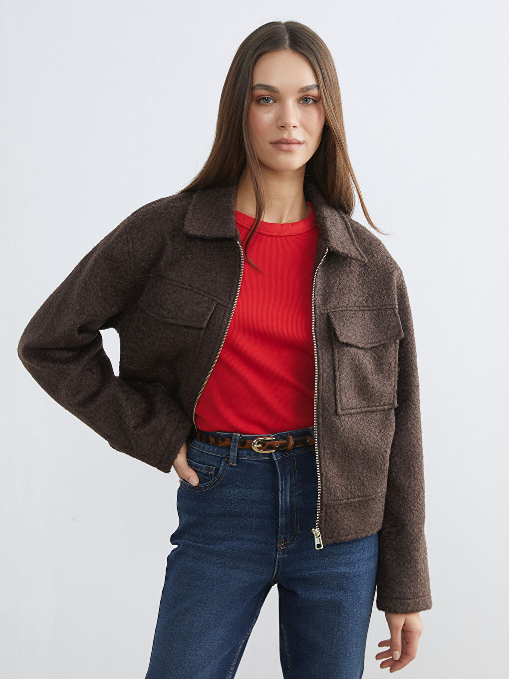 Kahverengi Gömlek Yaka Kadın Kaşe Ceket	