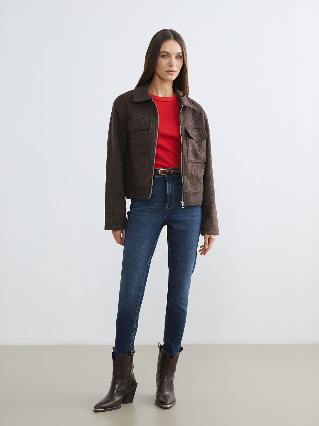 Kahverengi Gömlek Yaka Kadın Kaşe Ceket	-1