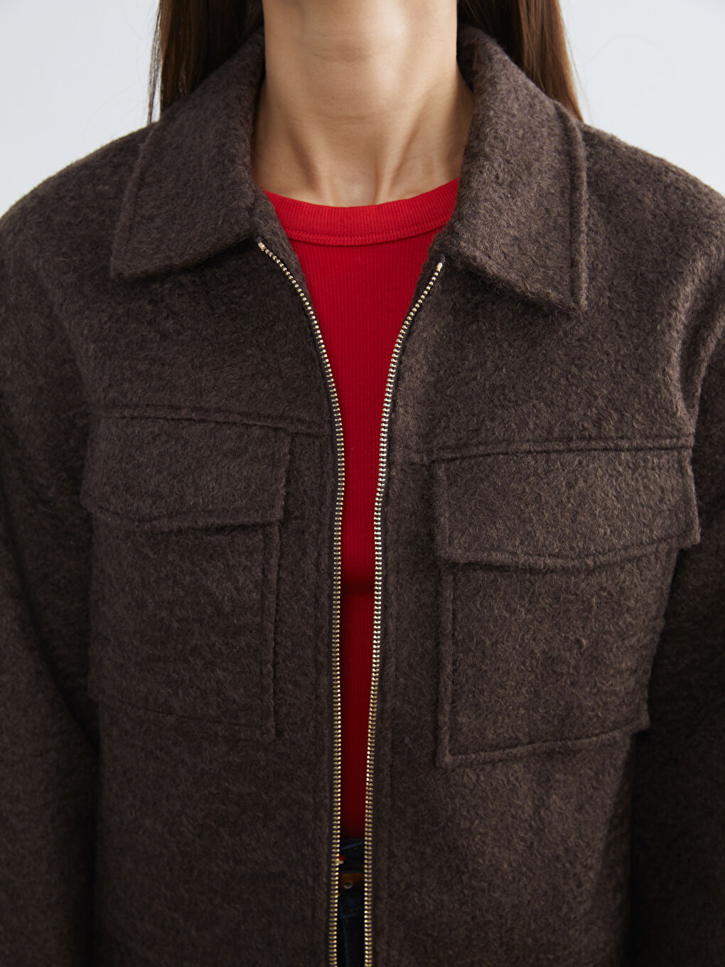 Kahverengi Gömlek Yaka Kadın Kaşe Ceket	-2