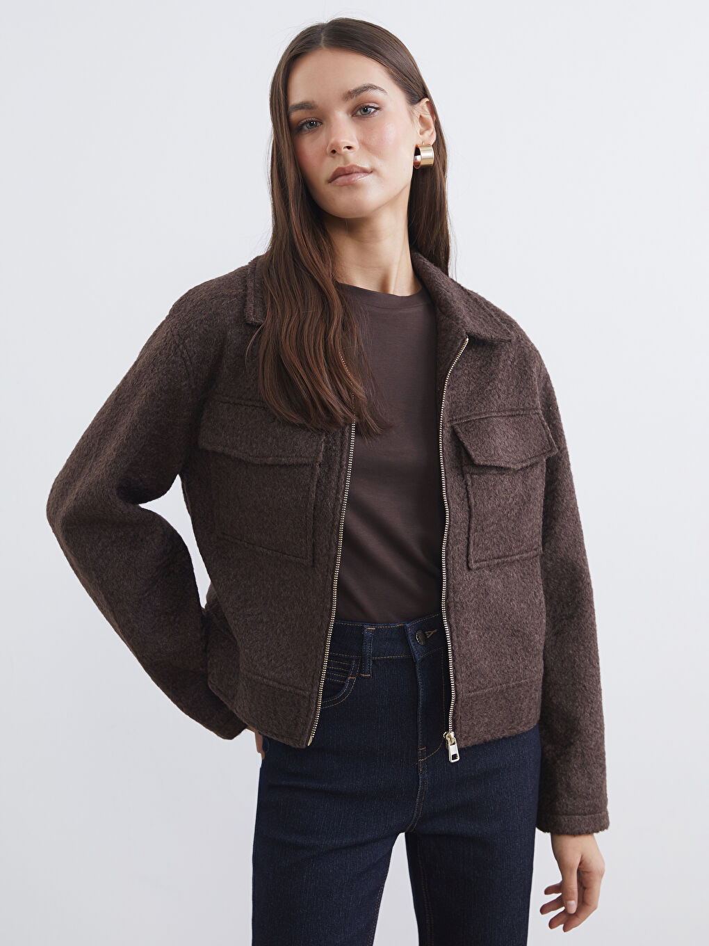 Kahverengi Gömlek Yaka Kadın Kaşe Ceket