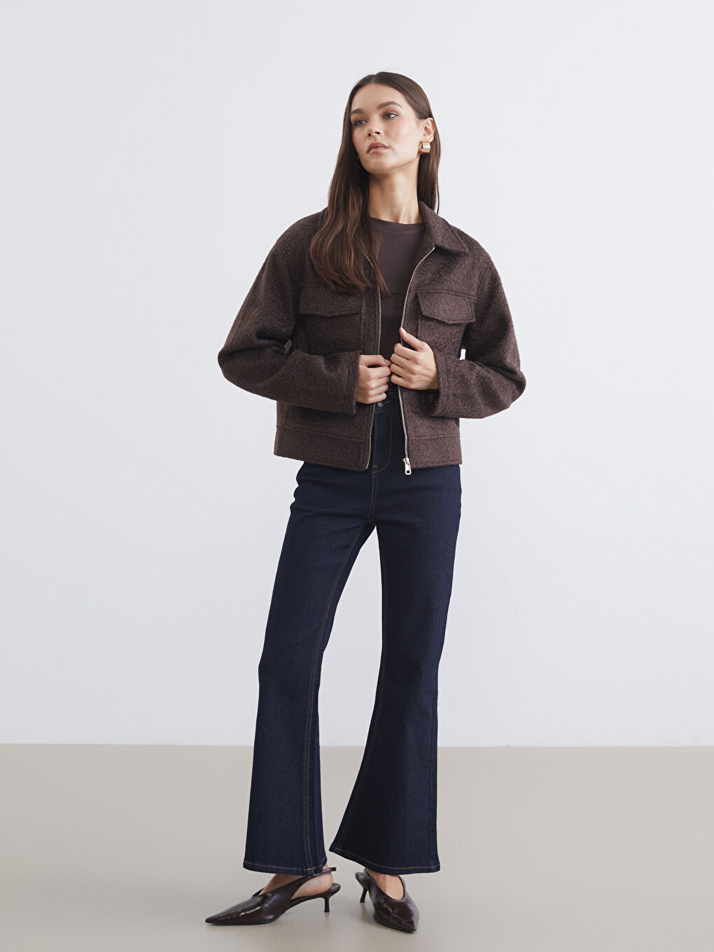 Kahverengi Gömlek Yaka Kadın Kaşe Ceket-1