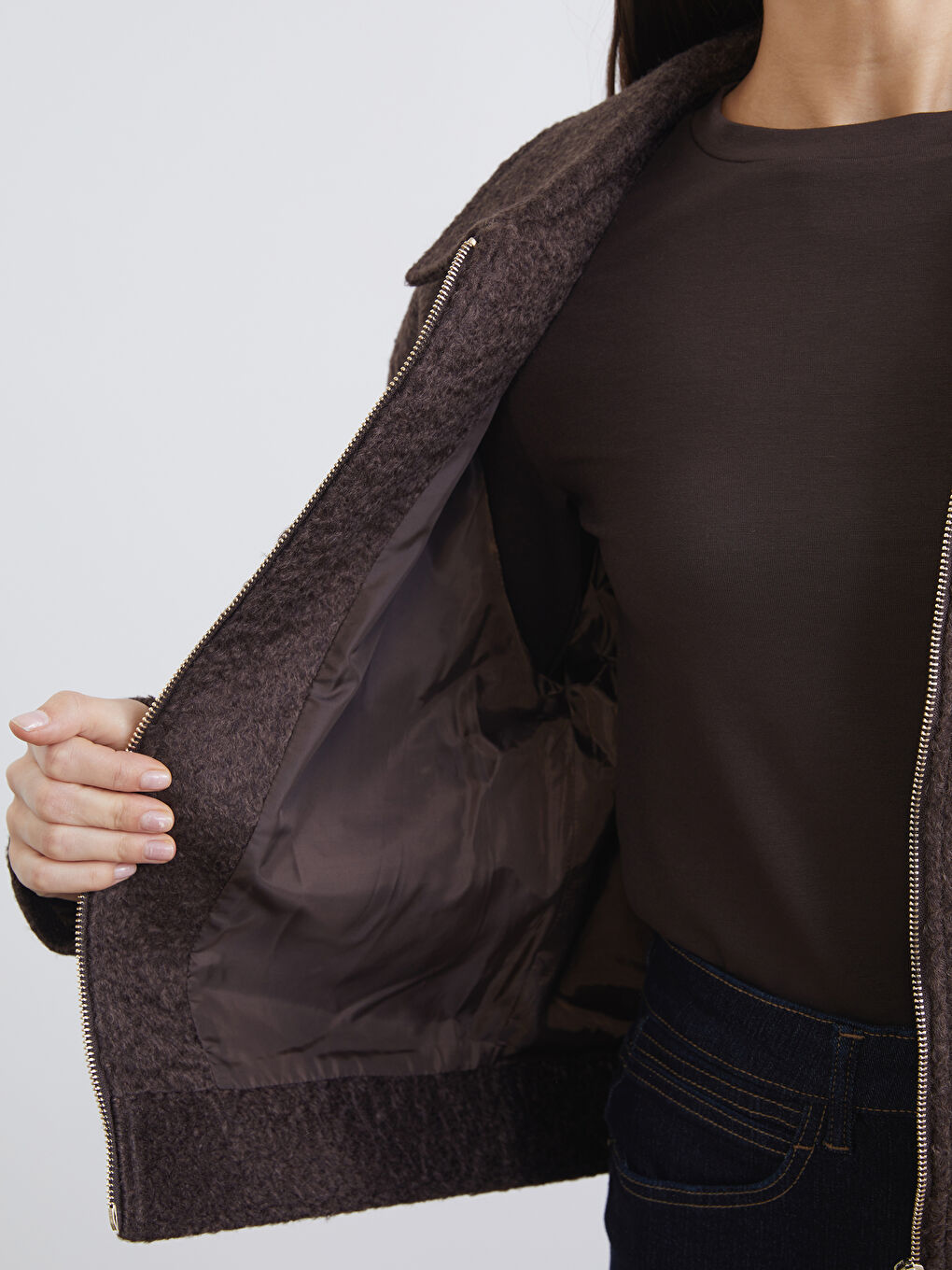 Kahverengi Gömlek Yaka Kadın Kaşe Ceket-2