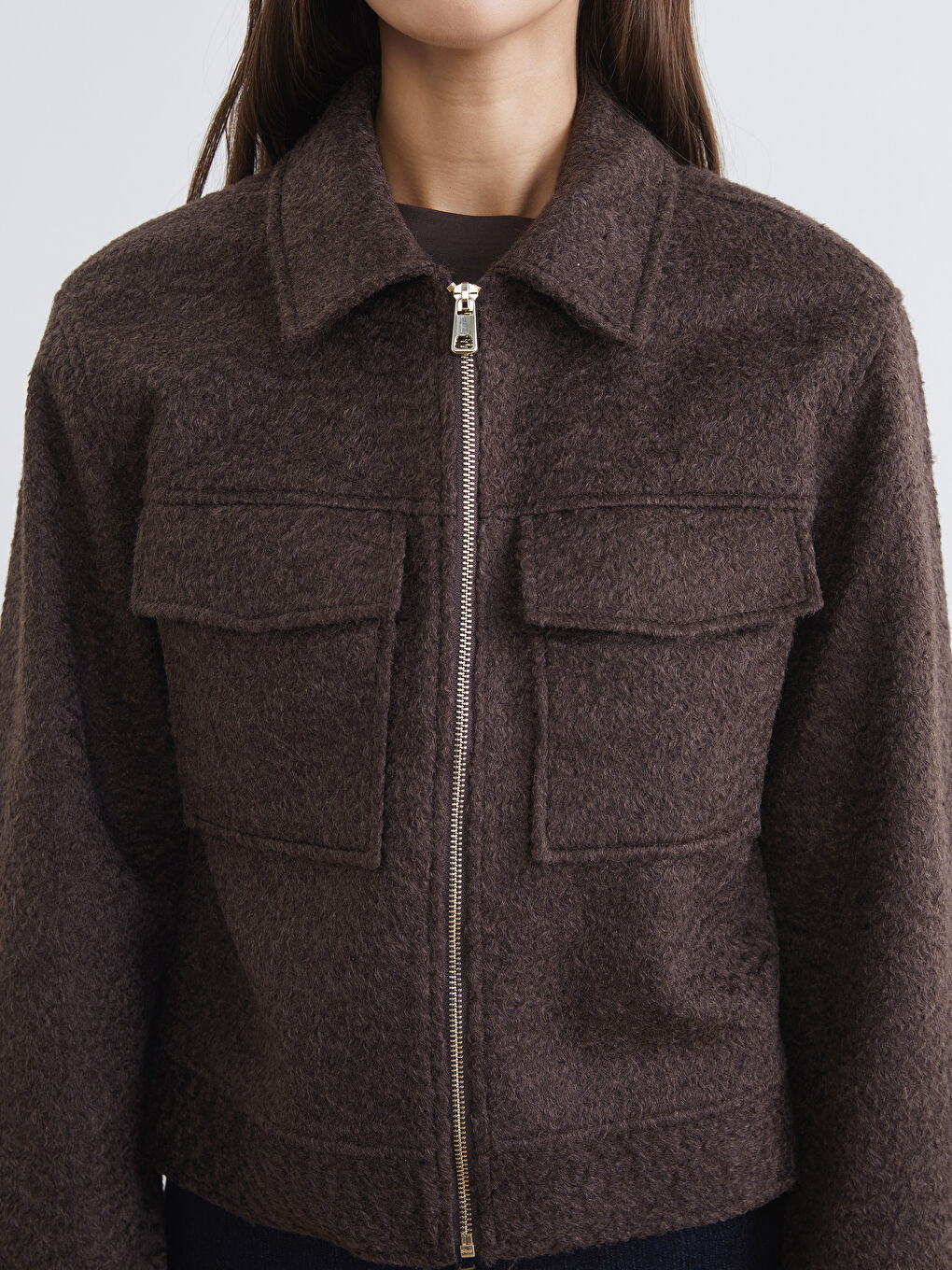 Kahverengi Gömlek Yaka Kadın Kaşe Ceket-3