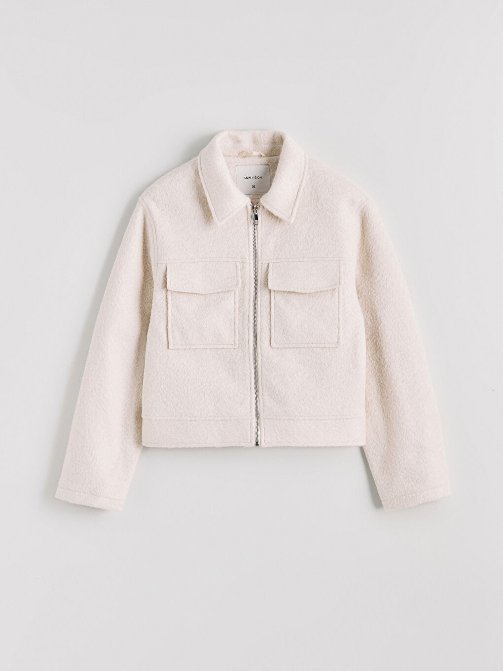 Ekru Gömlek Yaka Kadın Kaşe Ceket-5