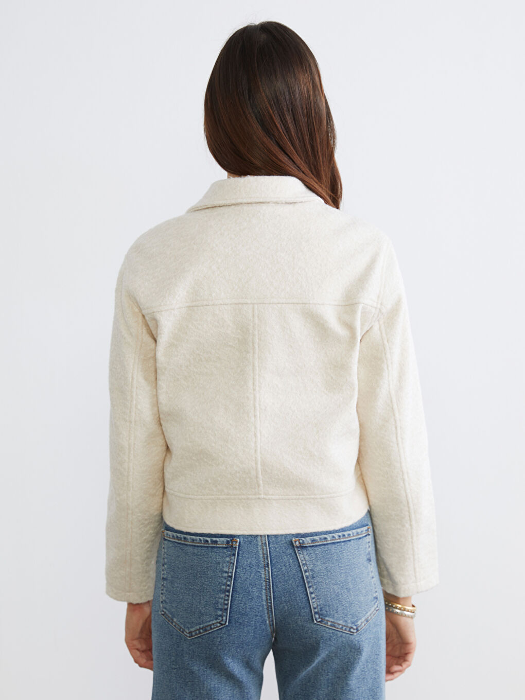 Ekru Gömlek Yaka Kadın Kaşe Ceket-4