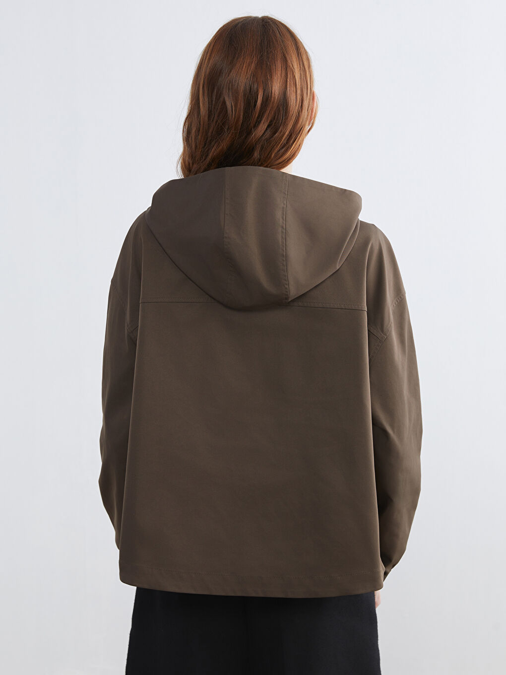 Kahverengi Kapüşonlu Oversize Kadın Yağmurluk-5
