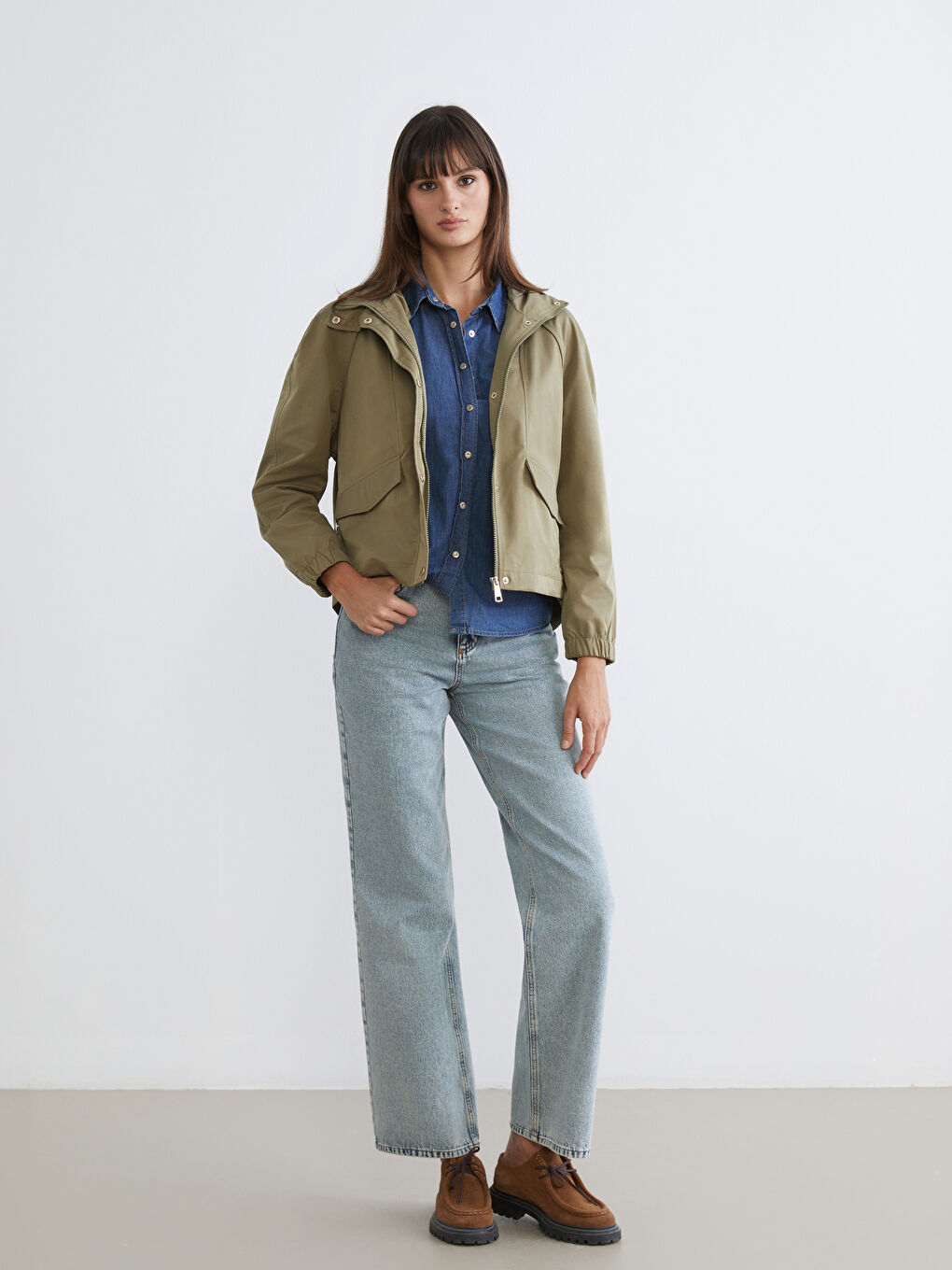 Haki Kapüşonlu Oversize Kadın Yağmurluk-1