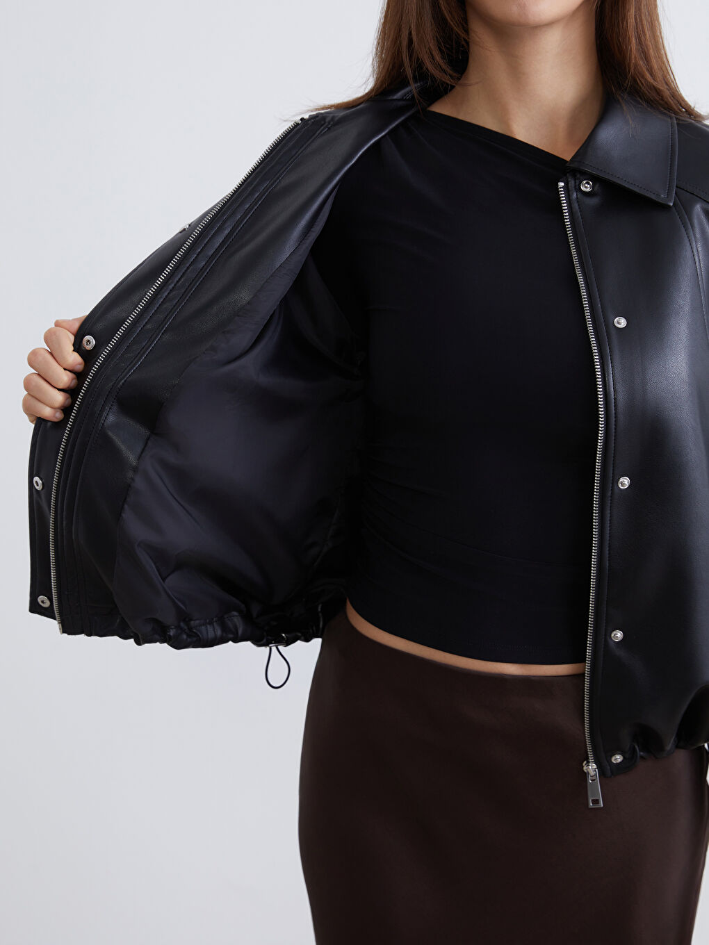 Siyah Gömlek Yaka Oversize Kadın Deri Görünümlü Ceket-3