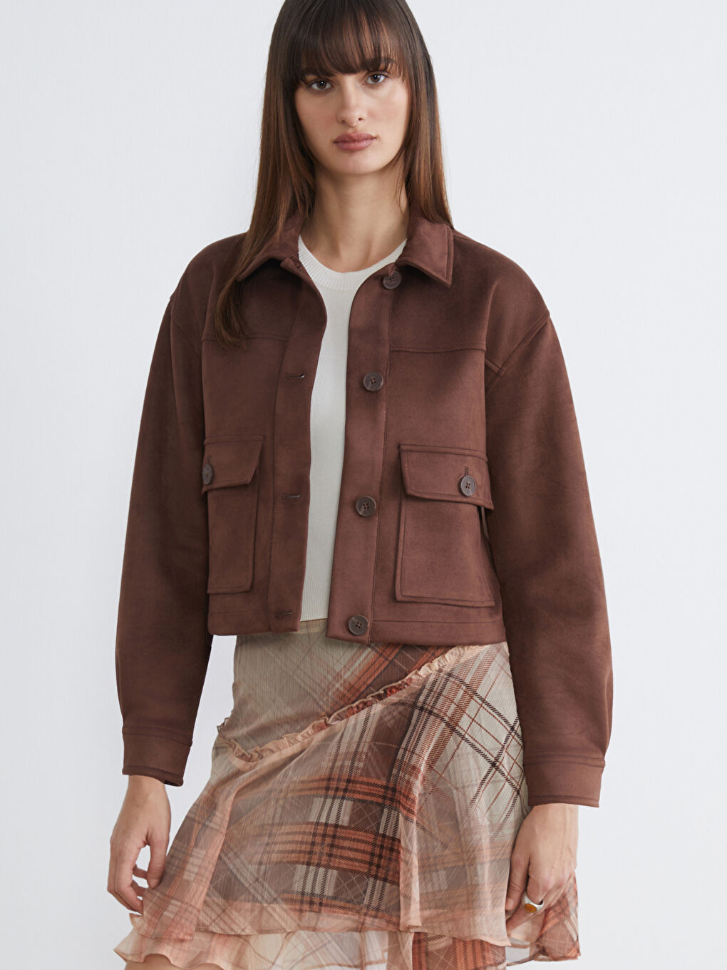Kahverengi Gömlek Yaka Süet Görünümlü Kadın Ceket