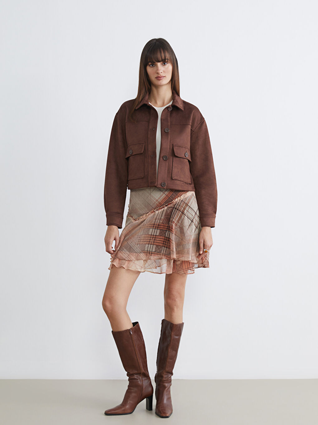 Kahverengi Gömlek Yaka Süet Görünümlü Kadın Ceket-1