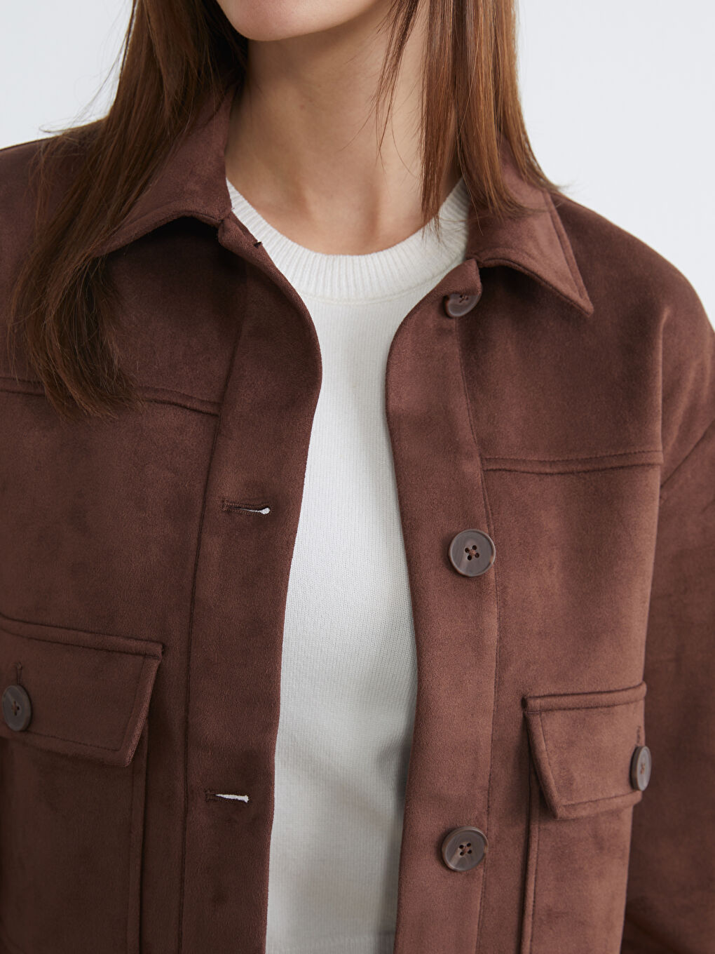 Kahverengi Gömlek Yaka Süet Görünümlü Kadın Ceket-2