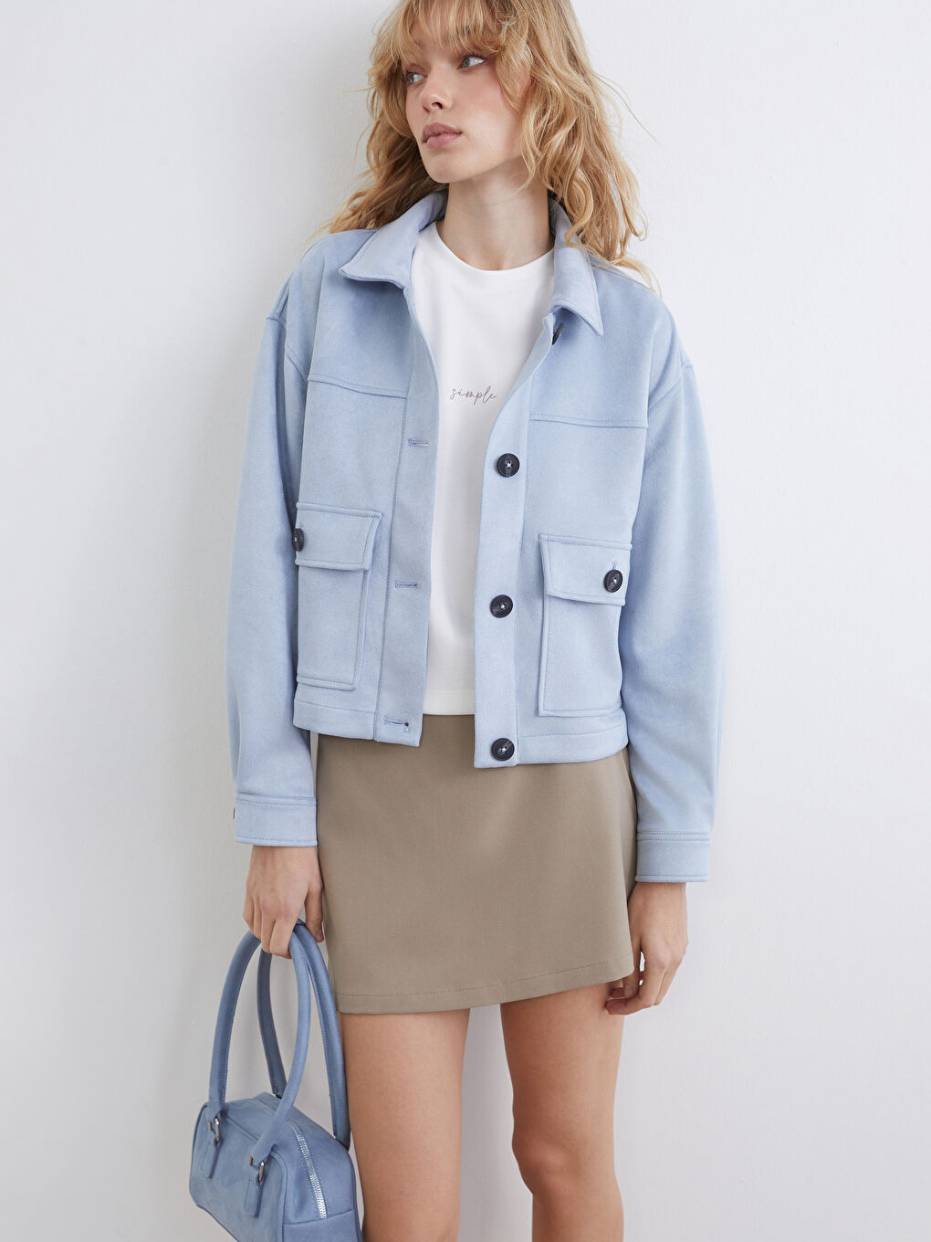 Mavi Gömlek Yaka Süet Görünümlü Kadın Ceket-1