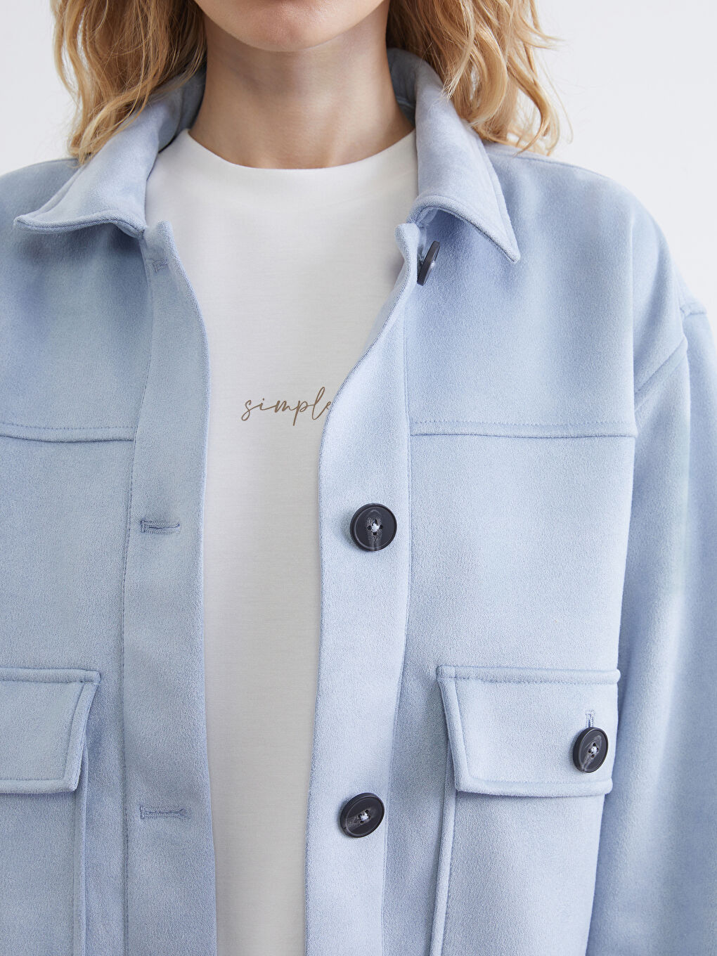 Mavi Gömlek Yaka Süet Görünümlü Kadın Ceket-3