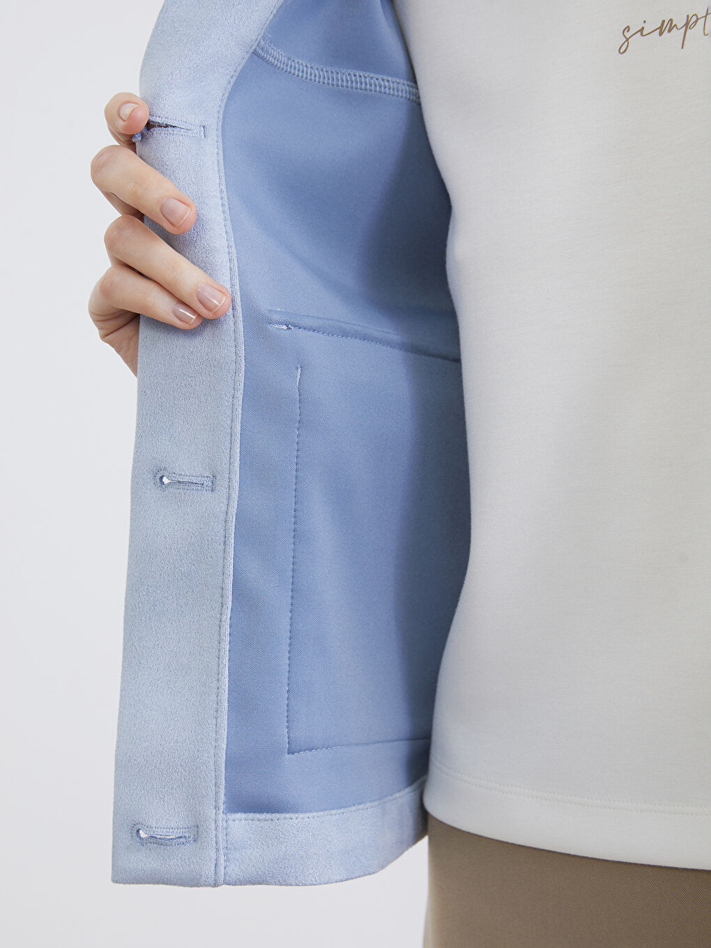 Mavi Gömlek Yaka Süet Görünümlü Kadın Ceket-4