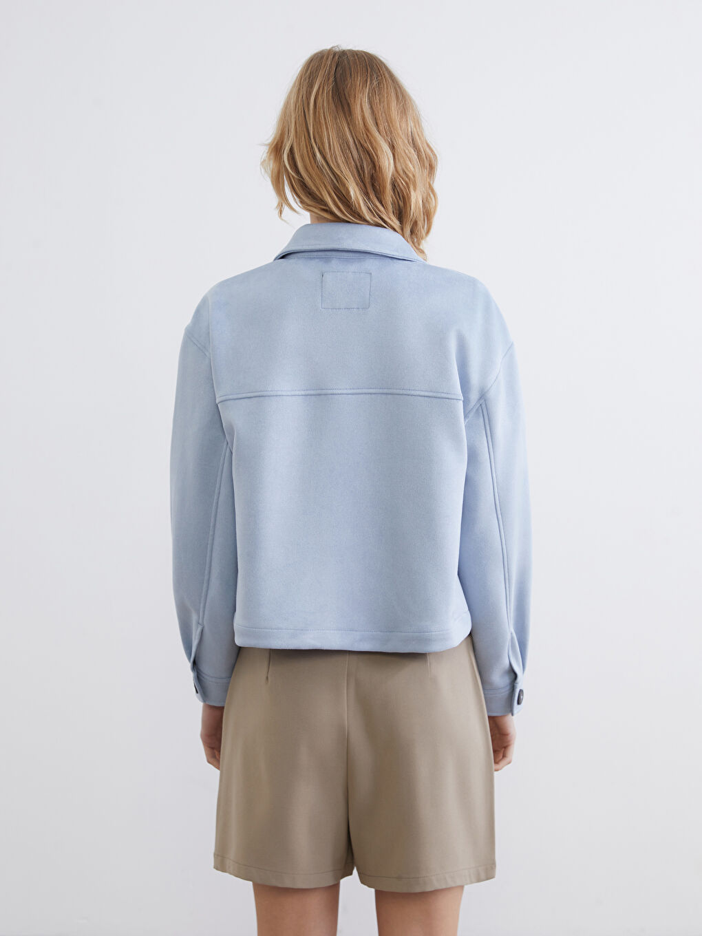 Mavi Gömlek Yaka Süet Görünümlü Kadın Ceket-5