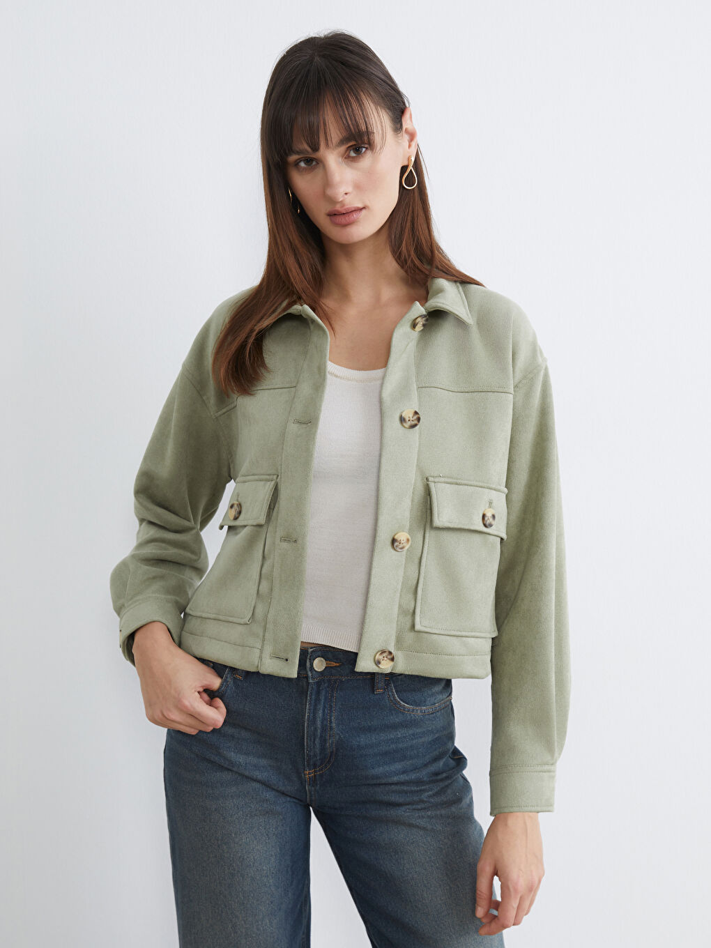 Yeşil Gömlek Yaka Süet Görünümlü Kadın Ceket